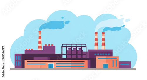 Industrial Factory Building Emitting Smoke from Chimneys.