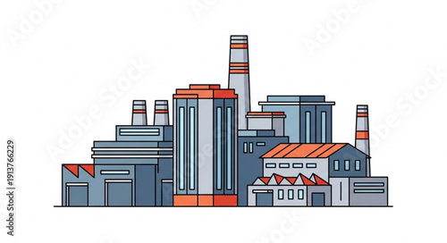 Industrial factory building with chimneys and pipes representing manufacturing and production.