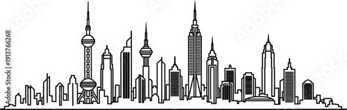 Modern city skyline with sleek skyscrapers and iconic towers, viewed from a low angle, highlighting urban architecture and modern landscape