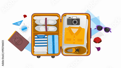 Open suitcase with travel essentials and clothing vector illustration for packing and vacation planning