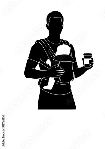Father with baby carrier and coffee modern parenting and paternity leave silhouette vector