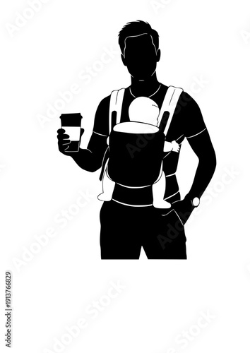 Father with baby carrier and coffee modern parenting and paternity leave silhouette vector