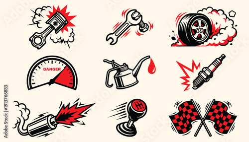 Retro Comic Style Car Repair and Performance Vector Emblems