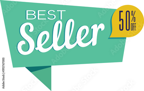 Green and yellow seller sign with 50 percent off discount tag