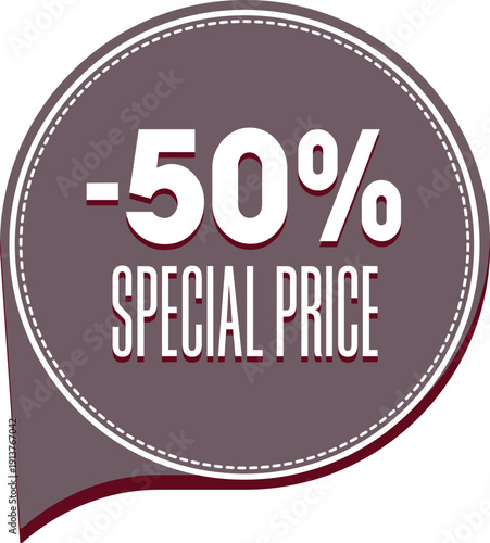 Dark brown speech bubble with 50 percent special price discount text in white