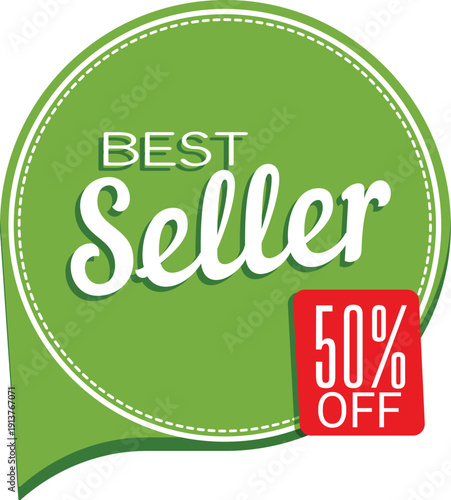 Green speech bubble with seller and 50 percent off labels white text