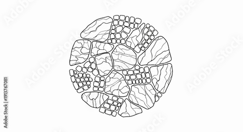 Circular mosaic of varied polygonal and rectangular stone shapes