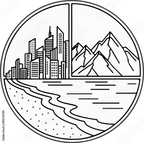 Circular scene divides into city, mountains, beach, and water