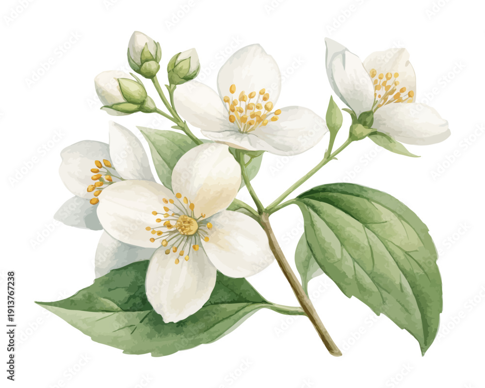 Obraz premium White Mock Orange Watercolor Bloom, Elegant Spring Botanical Illustration Isolated on White