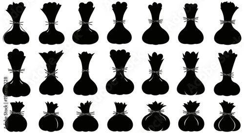 Collection of black money bag icons on white background tied with string various shapes and sizes