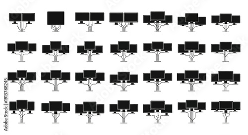 Various black tv screens on stands in a grid pattern on white background displaying different monitor setups