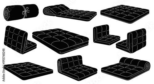 Convertible sofa bed set in black with various configurations and rolled up mattress