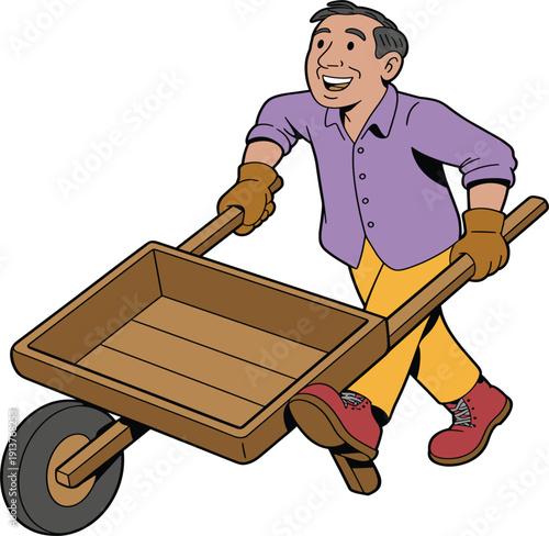 Happy male gardener pushing empty wooden wheelbarrow cartoon illustration, for gardening and landscaping farm work concept