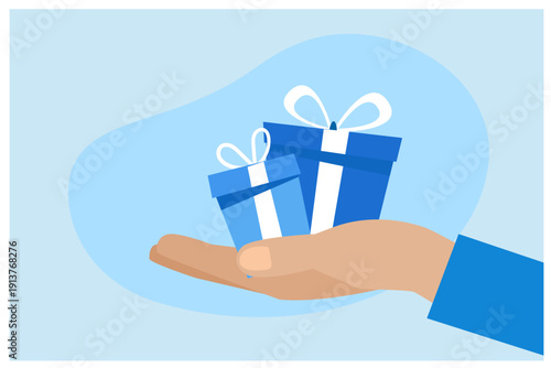 Hand holds present gift boxes vector illustration