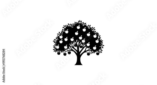Black silhouette of a fruit tree with apples on branches against white background symbolizing nature and abundance