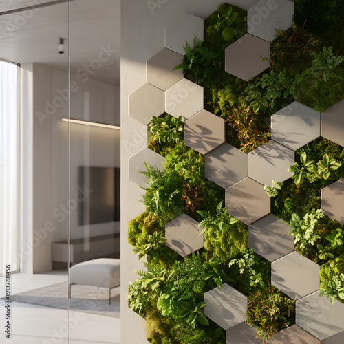 Contemporary interior with a biophilic living wall featuring hexagonal tiles, moss, and lush green plants.