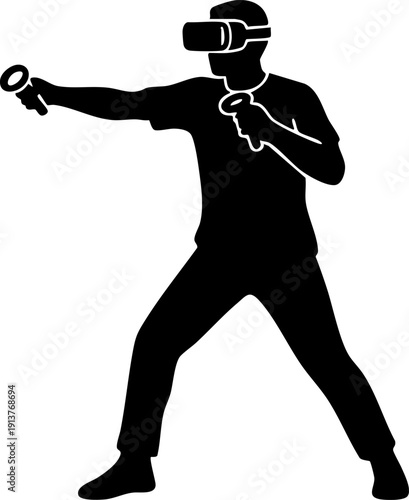 VR Fitness Silhouette Person in Boxing Pose with Virtual Reality Headset and Controllers Minimalist Flat Vector Icon
