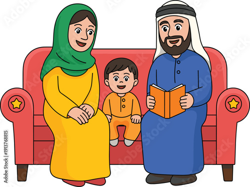Happy Muslim family with father, mother, and son sitting on sofa, reading book together at home vector illustration