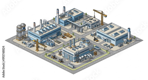 Industrial Factory Complex with Multiple Buildings and Cranes.