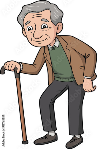 Happy elderly man character walking with a wooden stick, senior citizen grandfather vector illustration for aging concept