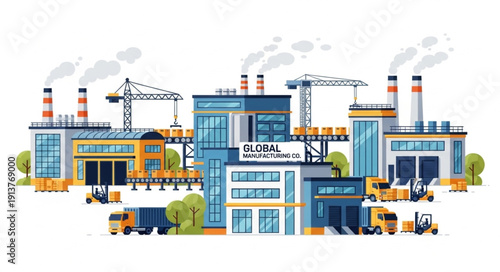 Industrial factory complex with multiple buildings and smoke stacks.