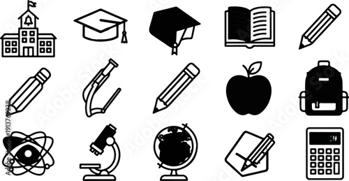 Collection of school and science icons building, cap, book, pencils, apple, backpack, atom