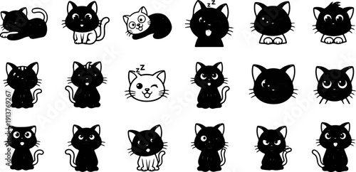 Collection of stylized black and white cartoon cats with diverse expressions