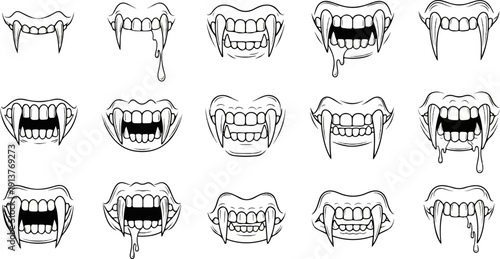 Collection of stylized vampire fangs and mouths with dripping saliva in black and white