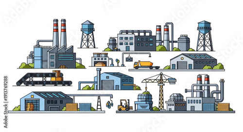 Industrial factory buildings and transportation elements illustration.