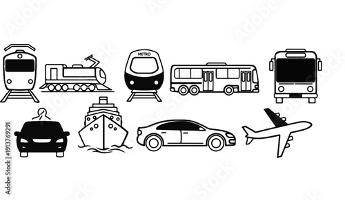 Collection of transportation modes including trains, buses, car, cruise ship, and airplane