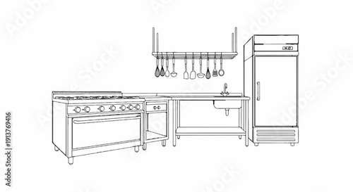 Commercial kitchen line-up with stove, sink, and refrigerator