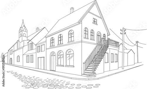 Vintage European old town street sketch, traditional city architecture building road perspective scenery vector art illustration