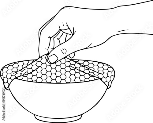 Beeswax Wrap Silhouette Hand Folding Sustainable Food Cover Over Ceramic Bowl Eco Friendly Kitchen Minimalist Flat Vector Icon