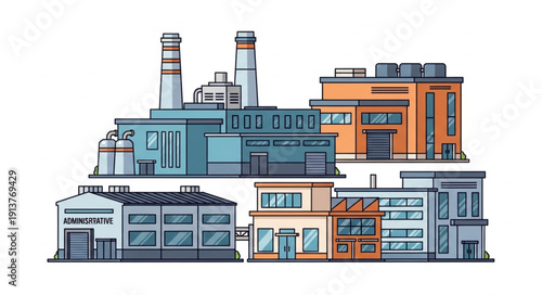 Industrial Factory Buildings Set with Chimneys and Modern Architecture.