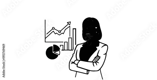 Confident professional with arms crossed stands by business charts