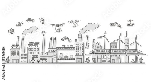 Industrial Factory Buildings with Smoke and Wind Turbines.