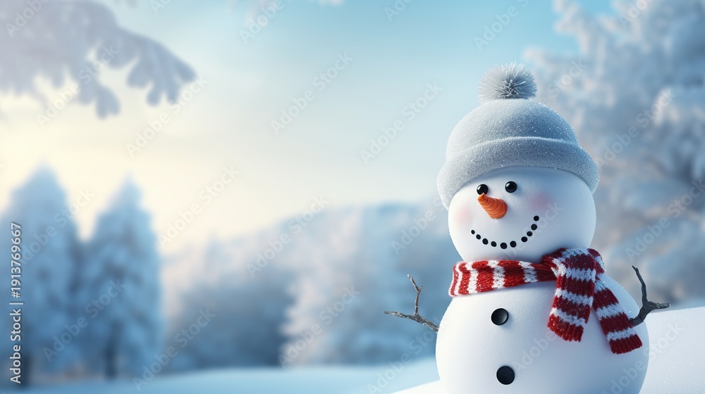 Fototapeta premium Joyful Snowman Wearing Red and White Scarf Under Bright Winter Sunlit Sky