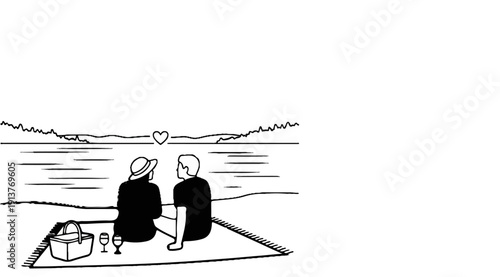Couple enjoying a scenic picnic by the water with a heart in the distance