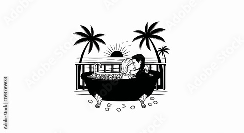 Couple kissing in a flower-filled bathtub with palm trees and sunset