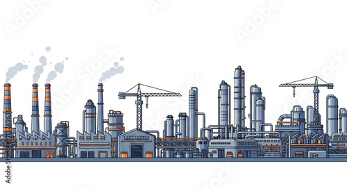 Industrial Factory Buildings with Smokestacks and Cranes.