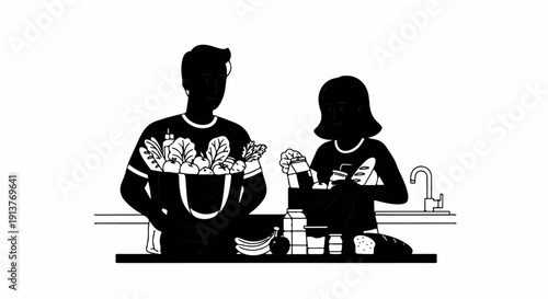 Couple putting groceries away in kitchen, with sink