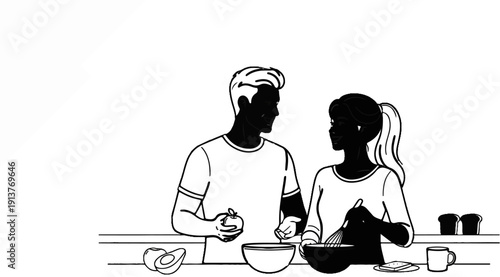 Couple preparing food together in a kitchen