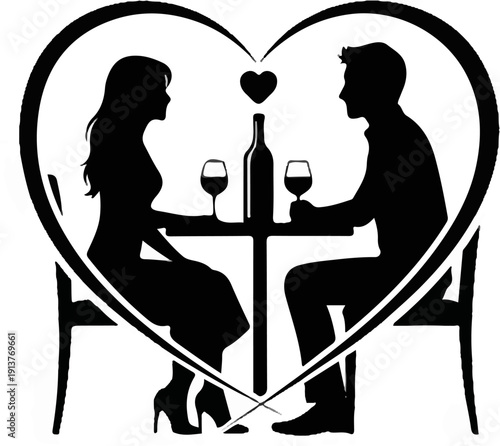 Couple silhouette dining romantically with wine inside a heart shape frame