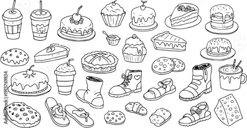 Dessert  Shoe Doodle Collection: Cakes, Pies, Boots, Sandals - Hand-Drawn Vector Graphics