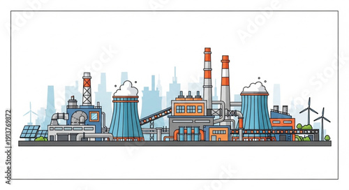 Industrial factory complex with chimneys and cooling towers.