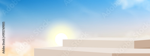 Sunrise sky nature background,soft pastel clouds,Minimal podium platform with Clean 3D stage for product showcase on sunset sky,cosmetic presentation,branding mockup,advertising banner,modern display