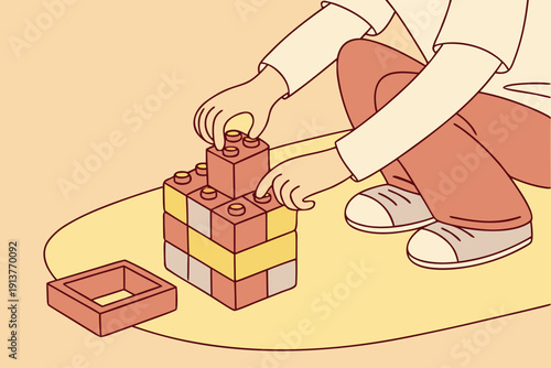 Child Hands Interlocking Blocks Creative Build 2026 – Close-Up Kid Constructing Toy Tower Warm Light Educational Play Concept Realistic Photo Copy Space