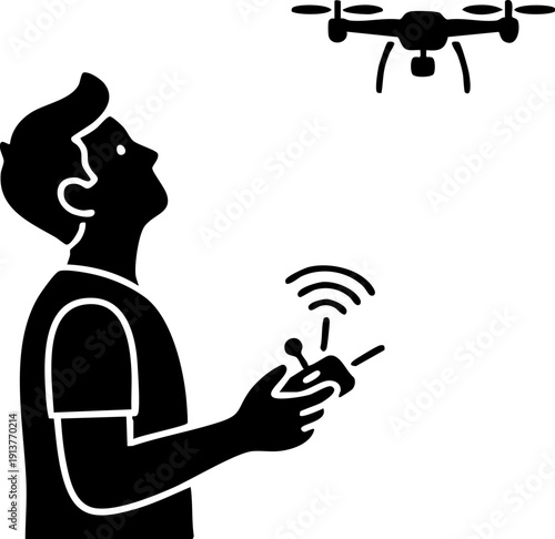 Drone Pilot Silhouette Person with Remote Controller and Quadcopter UAV Flight Minimalist Flat Vector Icon