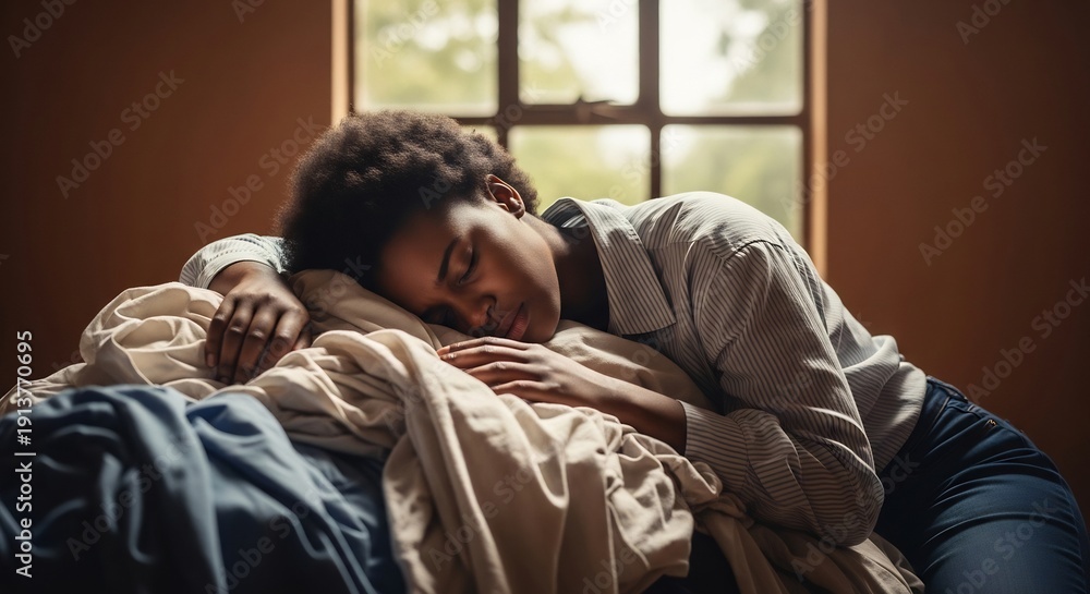 Fototapeta premium exhausted woman sleeping on laundry pile indoors