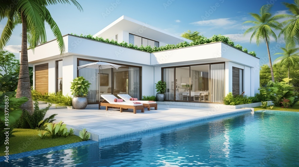 Fototapeta premium Luxurious Modern Villa with Glass Facades Overlooking a Bright Blue Poolside Oasis in Tropical Setting